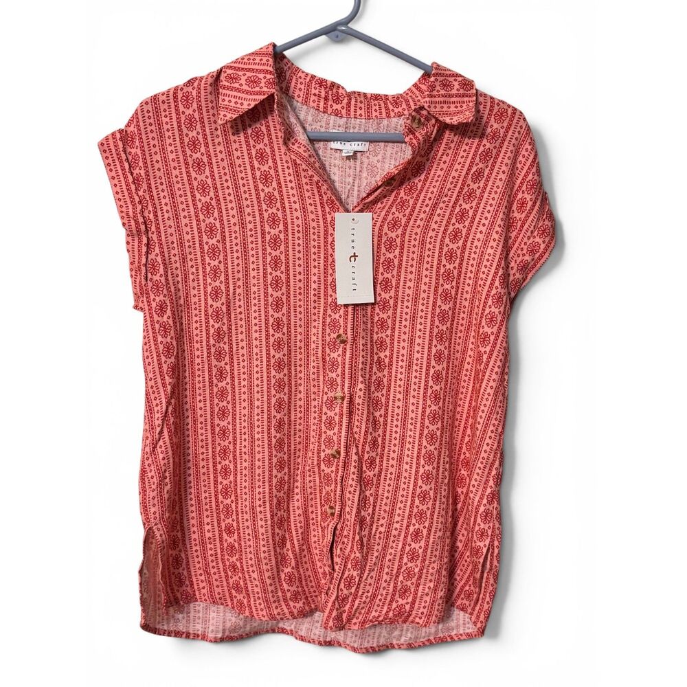 NWT True Craft Pink Boho Button Front Top Size Small Linen Blend
